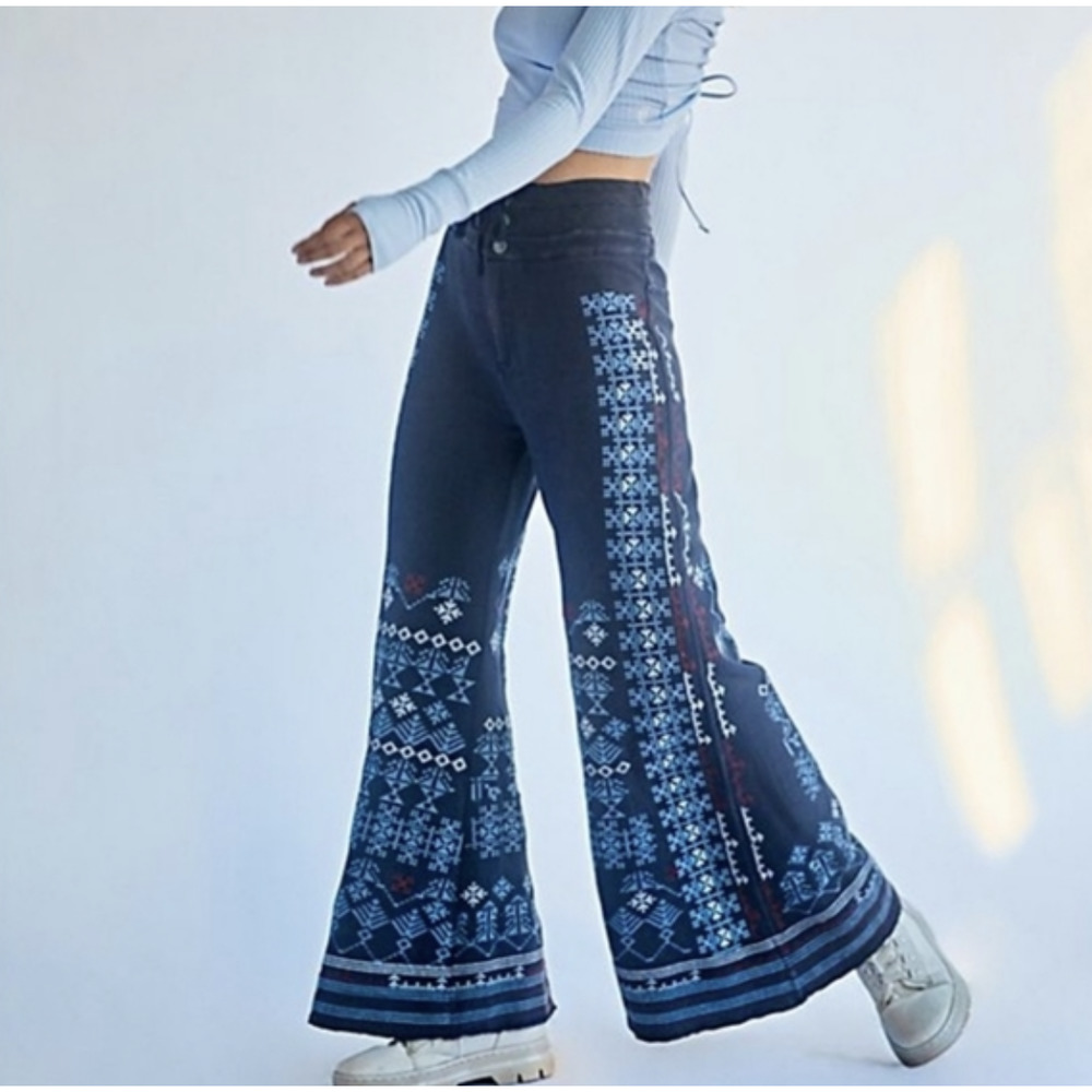Free People Blue Patterned Flare Pants